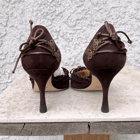 Alexandra Neel VTG Victorian Brown Ruffle Lace Up Adorned Kitten Heels Pump 5.5 - Picture 8 of 12